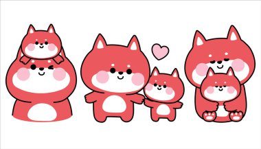 2 Numara: Sevimli anne tilki ve bebek çeşitli pozlarda. Kalp. Anneler Günü. Vahşi hayvan karakteri çizimi..