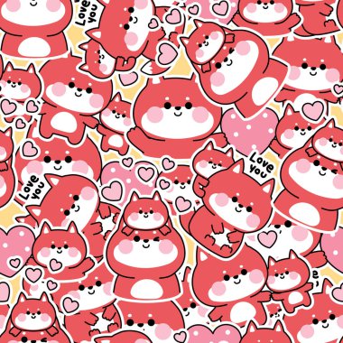 Sevimli anne tilki ve bebeğin kusursuz desenli kalp çıkartması arkaplanlı pozları. Anneler Günü. Vahşi hayvan karakteri çizimi. Kawai Vector..