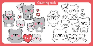 Boyama sayfaları. 2 numara. Sevimli anne koala ayıcık ve bebek çeşitli pozlarda. Anneler Günü. Aşk. Vahşi memeli hayvan karakteri çizimleri..