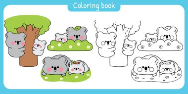 Boyama putları. 4 numara. Sevimli anne koala ayısı ve bebek çeşitli pozlarda ormanda poz veriyor. Yaprak, dal, kütük, çiçek, ağaç..
