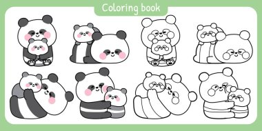 Sevimli anne ayıcık ve bebek uykusu ve rahatlatıcı pozlar. Anneler Günü. Vahşi Çin hayvanlarının çizgi film tasarımları. Resim kitabı. Kawaii.Vector..