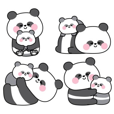 2 numara, tatlı anne, oyuncak ayı ve bebek uykuda ve rahat pozlar. Anneler Günü. Vahşi Çin hayvan karakteri çizimleri. Resim kitabı. Kawaii.Vactor..