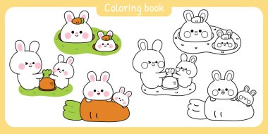 Sayfalar dolusu şirin anne tavşan ve bebek çeşitli pozlarda havuçla poz veriyor. Anneler Günü. Aşk. Kemirgen hayvan karakteri çizimi..