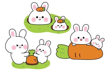 Sevimli anne tavşan ve bebek çeşitli pozlarda havuçla poz veriyor. Anneler Günü. Aşk. Kemirgen hayvan karakteri çizimi..