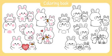 Sevimli anne tavşan ve bebek çeşitli pozlarda. Anneler Günü. Sevgi. Kemirgen hayvan karakteri çizimi. Resim kitabı. Kawaii Vektörü..