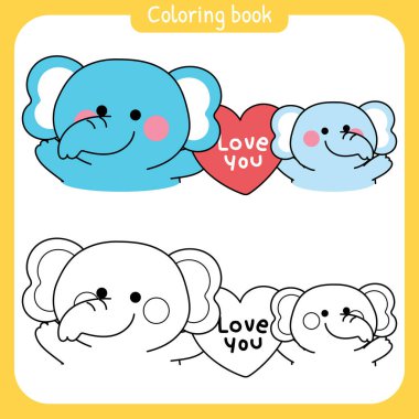 Boyama putları. Sevimli anne fil ve bebek büyük bir kalbe sahip. Seni seviyorum. Anneler Günü. Vahşi hayvan karakteri çizimi..