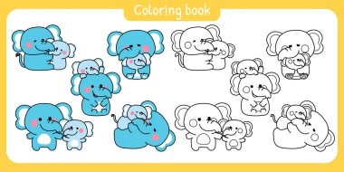 Boyama tabloları. Çeşitli pozlarda sevimli anne fil ve bebek seti. Anneler Günü. Vahşi hayvan karakteri çizimleri..