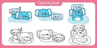 Pagonları boyamak. No.2: Sevimli anne fil ve bebek çeşitli pozlarda nehirde kalır. Anneler Günü. Sevgi. Vahşi hayvan karakteri çizimleri..