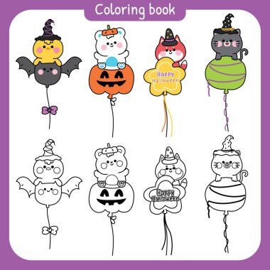 Çeşitli balonlarla sevimli hayvan boyama. Cadılar Bayramı. Korku ve hortlak. Tavuk, kutup ayısı, kara kedi, fox.October festivali. Karakter karikatürü..