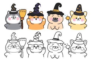 Boyama putları. Mutlu cadılar bayramı. Sevimli köpek ve köpek yavrularının çeşitli pozları. Fransız bulldog, corgi, Sibirya kurdu, shiba inu dog..