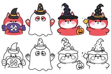 Boyama putları. Mutlu cadılar bayramı. Çeşitli şirin tilki cadıları. Şeker mi şeker mi? Şeker mi, balkabağı mı, hayalet mi?