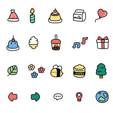 2 numara. Çeşitli küçük simge çizilmiş el çizimleri. Emoji.Sembol. Puding, jöle, dondurma, arı, bal şekeri ve tatlı.