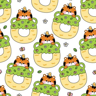 Tatlı kaplanın kusursuz deseni donutta kalır. Tatlı ve tatlı arkaplanı. Fırın. Doğa. Kelebek, çiçek, yaprak el..