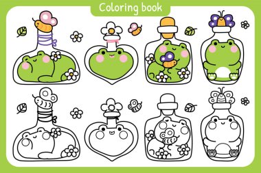 Boyama putları. Çiçek yapraklı ve kelebekli şirin kurbağalar çeşitli şişe ve kavanozlarda kalırlar. Konteynır. Sürüngen hayvan karakter çizimi..