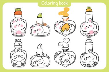 Boyama putları. Havuçlu ve yapraklı şirin tavşan tavşanı çeşitli şekillerde şişede ve kavanozda kalır. Kapta..