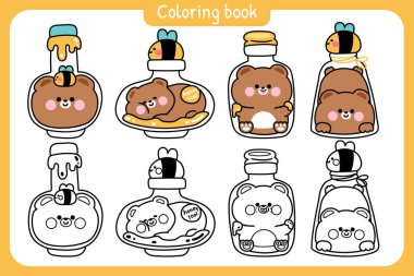 Boyama Pagesleri. Tatlı ayıcıklı, arı ve ballı. Çeşitli şekillerde şişede ve kavanozda kalıyorlar. Vahşi hayvan karakteri tasarımı..