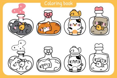 Boyama putları. Balıklı kedi yavrusu çeşitli şekillerde şişede ve kavanozda kalır. Kalp. Miyav. Hayvan karakteri çizimi..