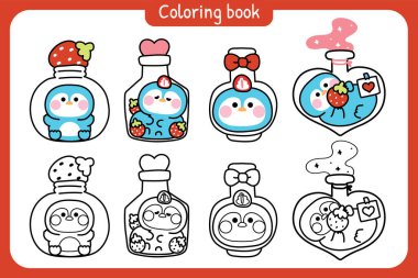 Boyama putları. Çilek meyveli şirin penguen çeşitli şekillerde şişede ve kavanozda kalır. Kalp. Kutup kuşu hayvan karakteri çizgi film tasarımları..