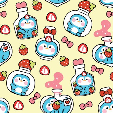 Çilek meyveli sevimli penguenin kusursuz deseni çeşitli şekillerde şişede ve kavanozda kalır. Kapta. Kalp. Kutup kuşu hayvan karakteri çizgi film tasarımları..