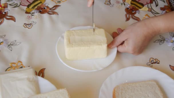 Isto São Imagens Uma Faca Recolher Manteiga Tijolo Manteiga Num — Vídeo de Stock