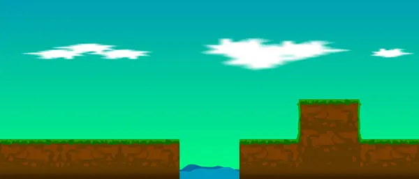 Zemin, çimen, gökyüzü ve bulutlarla 2D oyun arkaplanı. Oyun değeri için uygun