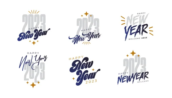 stock vector Happy New Year 2023 typographic emblems set. Vector logo, text design. Black, white and gold. 