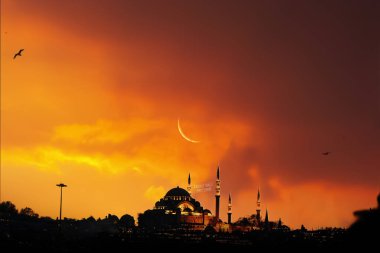 Cami gün batımı gökyüzü, ay, kutsal gece, İslami gece ve siluet cami, İslami duvar kağıdı