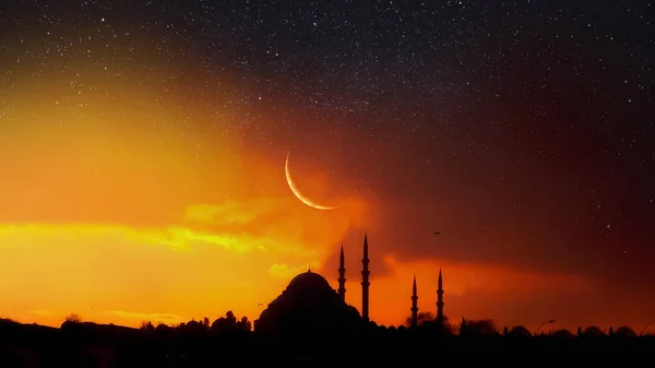 Meczet Zachód Słońca Niebo Księżyc Święta Noc Islamska Noc Sylwetka — Zdjęcie stockowe