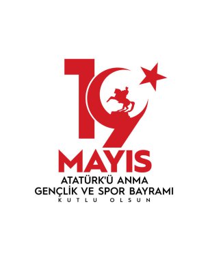19 mayis Atatürk 'ü Anma, Genclik ve Spor Bayrami, çeviri: 19 Mayıs Atatürk, Gençlik ve Spor Günü, Türk bayramının grafik tasarımı, vektör logosu.