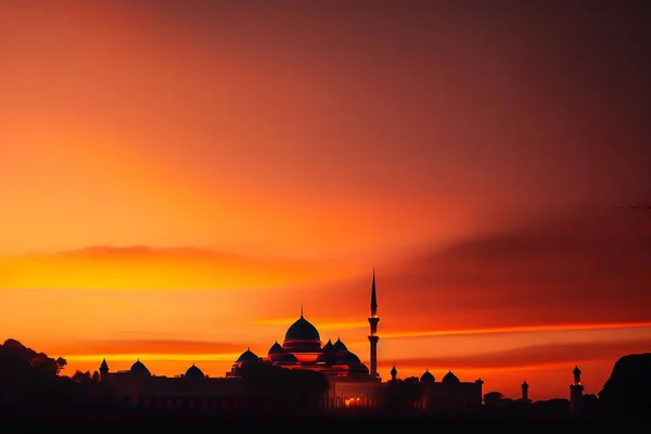 Moské Solnedgång Himmel Måne Helig Natt Islamisk Natt Och Silhuett — Stockfoto