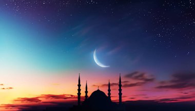 Cami gün batımı gökyüzü, ay, kutsal gece, İslami gece ve siluet cami, panaromik İslami duvar kağıdı