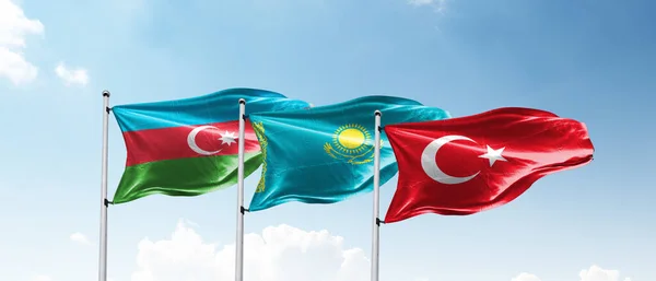 Bandeiras Azerbaijão Cazaquistão Turquia Acordo Unidade Solidariedade — Fotografia de Stock