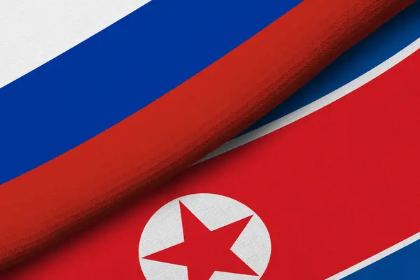 Vlaggen Van Rusland Noord Kores Bondgenoten Vriendelijke Landen Eenheid Saamhorigheid — Stockfoto