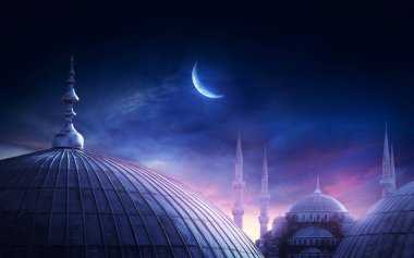Hilal bir cami kubbesi, İslami gece fotoğrafı manipülasyonu.