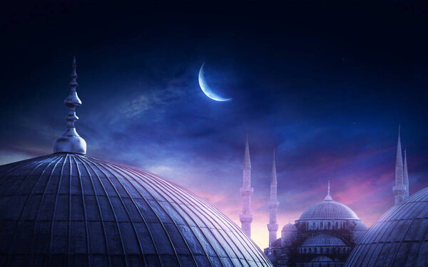 Dome of a mosque with a crescent, islamic night photo manipulation