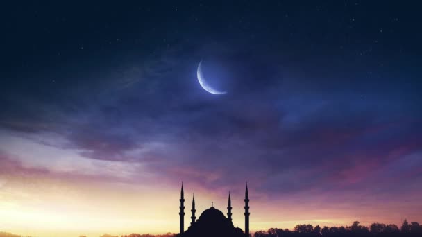 Mezquita Puesta Del Sol Cielo Luna Noche Islámica Mezquita Silueta — Vídeos de Stock