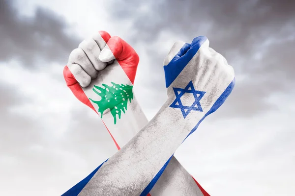 Lebanon vs Israel war, crisis, country flags and fist