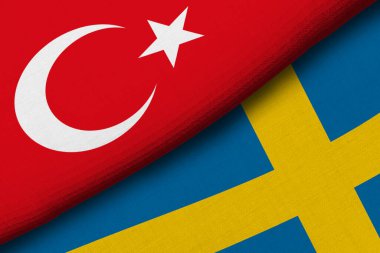 Türkiye Cumhuriyeti ve Sweeden 'in iki bayraklarının yanı sıra kumaş dokusu, ikili ilişkiler, ülkeler arasında barış ve ihtilaf, arka plan açısından harika