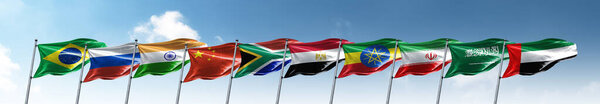 Brazil Russia India China, South Africa, Egypt, Ethiopia, Iran, Saudi Arabia and United Arab Emirates flag for new BRICS country economic international cooperation concept