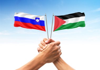 Slovenya ve Filistin bayrağı, müttefikler ve dost ülkeler, birlik, beraberlik, tokalaşma, destek