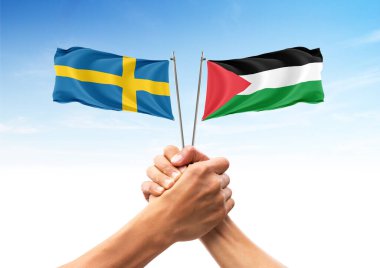 Sweeden ve Filistin bayrağı, müttefikler ve dost ülkeler, birlik, beraberlik, tokalaşma, destek