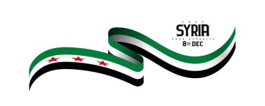 Suriye 'nin Yeni Arap Cumhuriyeti Bayrağı, Suriye Ulusal Bayrağı ile dalgalı kurdele, Suriye için Özgürlük. 8 Aralık, Ulusal Gün, Vektör illüstrasyonu.