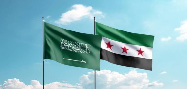 Sauudi Arabia and new Syria Arab Rebublic flag are waving in the sky clipart