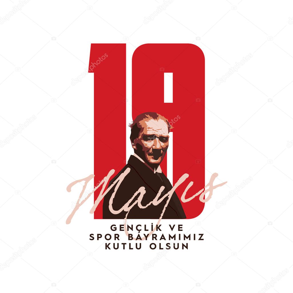 19 mays Atatrk' Anma, Genlik ve Spor Bayram , translation: 19 may Commemoration of Ataturk, Youth and Sports Day, graphic design to the Turkish holiday, vector logo.