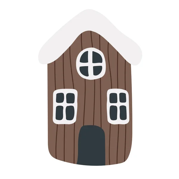 白い背景に隔離されたドアスタイルと木製の家とベクトルイラスト 子供のためのスカンディナヴィア風の冬のイラストを手描き ポストカード ポスター — ストックベクタ