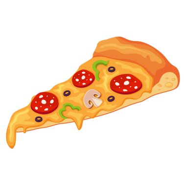 Salamlı, peruklu ve zeytinli pizzanın vektör görüntüsü. Beyaz arka planda izole edilmiş bir dilim İtalyan pizzası. Restoranın reklamını yapmak için bir dilim pizza..