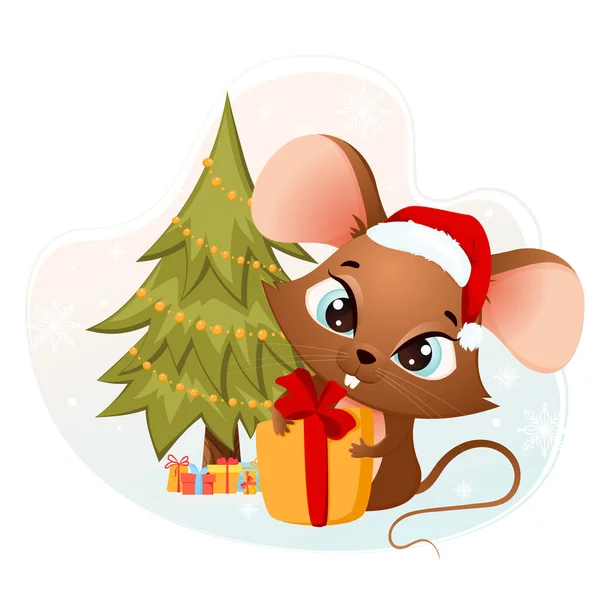 Noel ağacının altında elinde bir hediyeyle oturan küçük sevimli bir fareyle vektör çizimi. Yeni yıl teması, Noel kartı üzerine vektör resmi