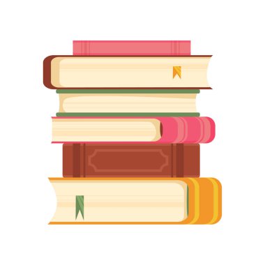 İzometrik olarak renkli kitapların yatay yığını. Eğitim bilgi şablonu dizaynı ile kitap yığınları. Düz tasarım biçiminde kitap simgelerinin dizaynı. Arka plandaki izole katmanların vektör çizimi