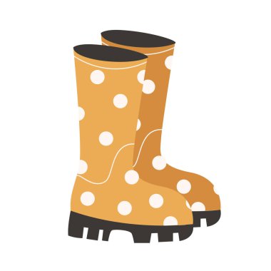 Lastik bot vektör simgesi. Beyaz arka planda benekli sarı lastik çizmeler. Düz dizayn. Yağmurlu hava için su geçirmez ayakkabılar, bahçıvanlık, balıkçılık. Sonbaharın sembolü