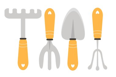 Bahçe aletleri: tırmık, bahçe küreği, yaba ve bahçe çatalı. Düz biçimli bahçe araçları beyaz arkaplanda izole.